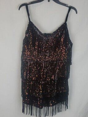 Double Crazy 3XL Copper & Green Sequin Black Tassel Bodysuit